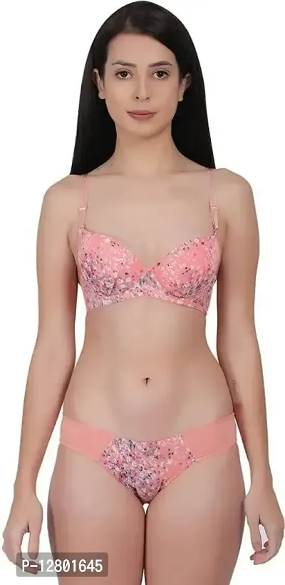 Womens Elegant Floral Print Padded Underwired Bra and Panty Set Pink 36B