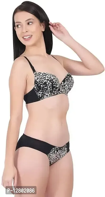 Womens Elegant Floral Print Padded Underwired Bra and Panty Set Black 36B-thumb3