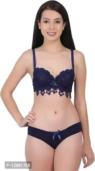 Womens Gorgeous Honeymoon Double Push up Bra Panty Bridal Blue 30B