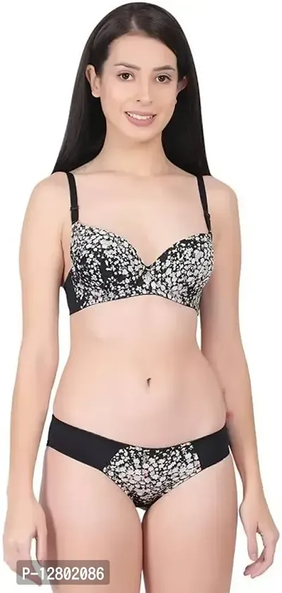 Womens Elegant Floral Print Padded Underwired Bra and Panty Set Black 36B