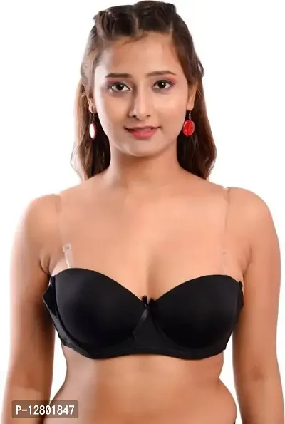 Women's Poly Cotton Padded Wired Push-Up Bra Stylish Backless Transparent Strap T-Shirt's Bra-thumb0