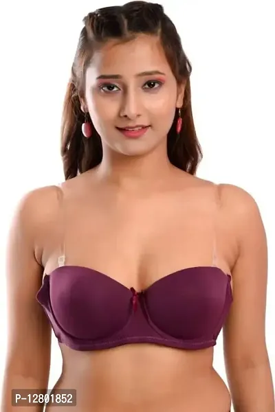 Women's Poly Cotton Padded Wired Push-Up Bra Stylish Backless Transparent Strap T-Shirt's Bra-thumb0