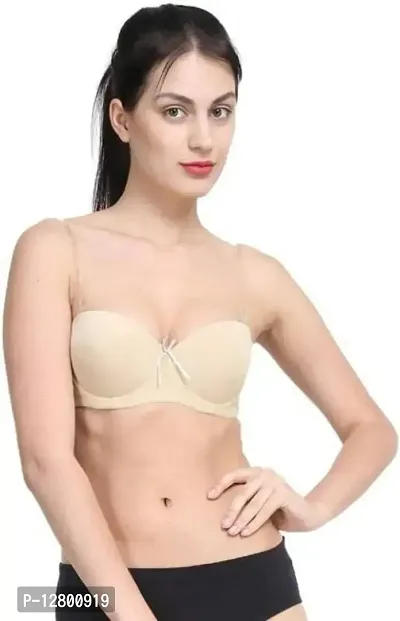 Women's Poly Cotton Padded Wired Push-Up Bra Stylish Backless Transparent Strap-thumb0