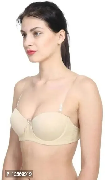 Women's Poly Cotton Padded Wired Push-Up Bra Stylish Backless Transparent Strap-thumb3