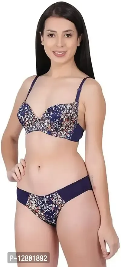 Womens Elegant Floral Print Padded Underwired Bra and Panty Set Blue 36B