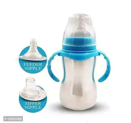 Baby Stainless Steel 2 in 1 Cereal Milk Water Food Feeding Bottle 290ml with Nipple and Spout with Trainer Handle in Blue colour