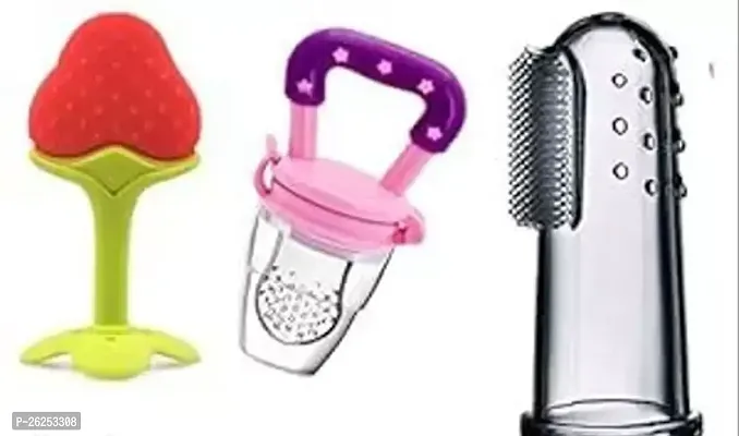 MOMOM S SIP Silicon Fruit Feeder 1pcs Fruit Shape Teether 1pc and Finger Tooth Brush 1pc Combo 3