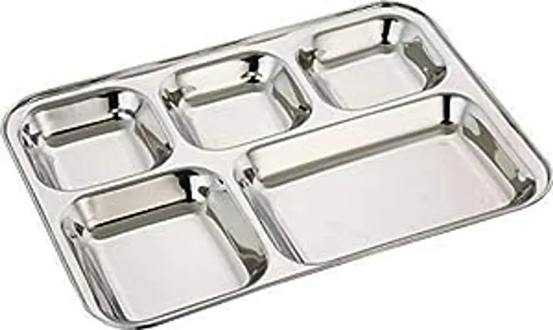 SKARS 5 in 1 Compartment Divided Plate - Bhojan Thali Steel - Mess Tray - Dinner Plate Set of 1