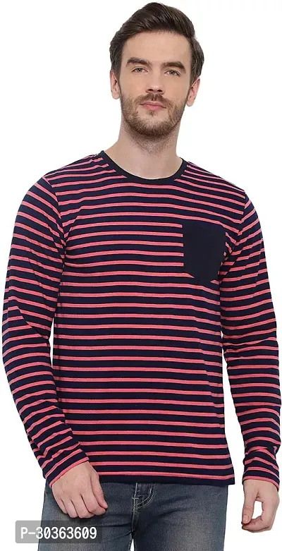 GLITO Striped Men Round Neck Dark Blue, Orange Thirt BZ RN0602057