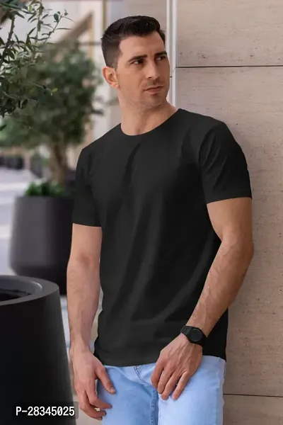 Reliable Black Cotton Blend Solid Round Neck Tees For Men-thumb0