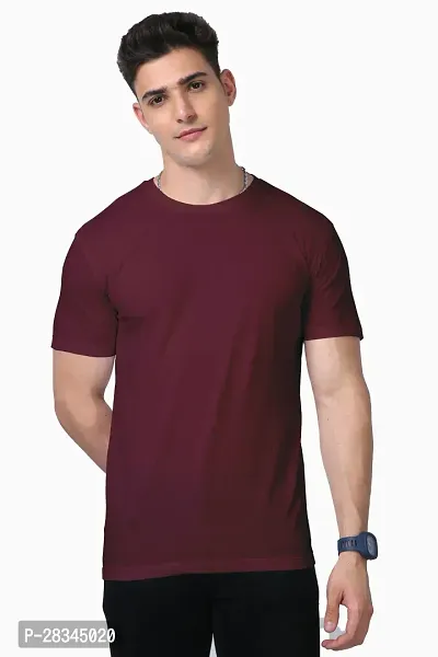 Reliable Maroon Cotton Blend Solid Round Neck Tees For Men