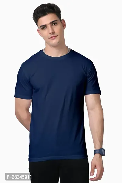 Reliable Blue Cotton Blend Solid Round Neck Tees For Men