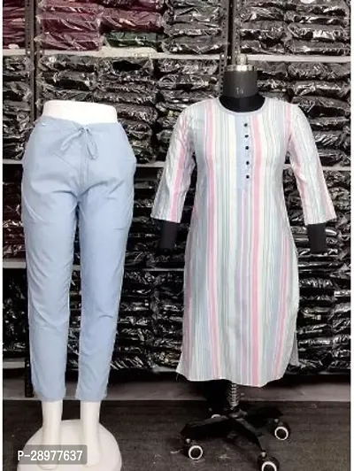 Pretty Grey Striped Khadi Cotton Kurta Pant Set For Women-thumb0