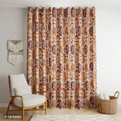 BILBERRY Furnishing by preeti grover Excellent Quality Cotton Floral Printed Semi Sheer Curtain for Doors with Eyelet Rings I Trendy Cotton Curtain Combo Set - Beige & Orange, Pack of 2 ( 7' X 4.5' )-thumb2