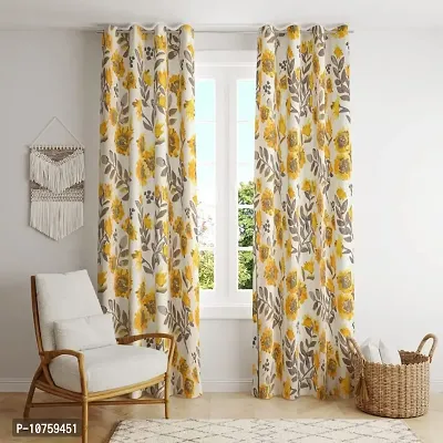 BILBERRY Furnishing by preeti grover Excellent Quality Cotton Floral Printed Semi Sheer Curtain Set of 2 with Eyelet Ring for Windows I Best Cotton Curtain Combo Set - Yellow & Grey ( 5' X 4.5' )-thumb0