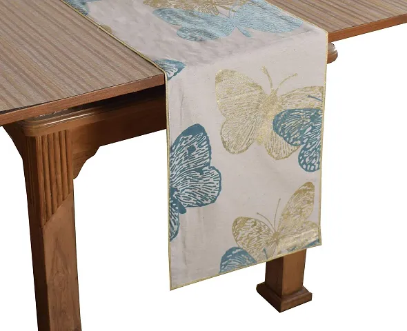 Bilberry Furnishing By Preeti Grover 100% Cotton Aqua & Gold Butterfly Printed Table Runner (TR_06) - (Table Runner Size 14""x36""), Perfect for Gifting and upgrading Your Home d?cor