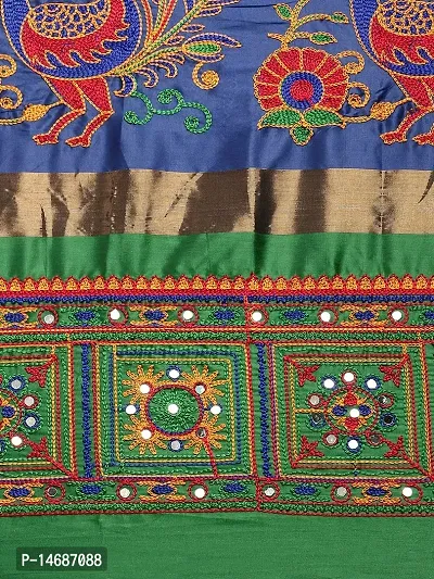 KAVINDI Women's Cotton Silk Heavy Kutchi Work With Peacock Design Embroidered Saree-thumb4