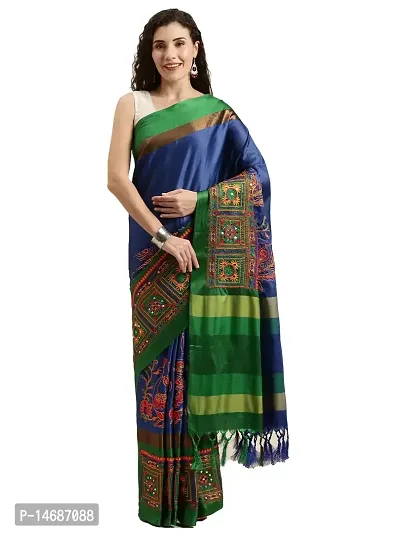 KAVINDI Women's Cotton Silk Heavy Kutchi Work With Peacock Design Embroidered Saree-thumb0