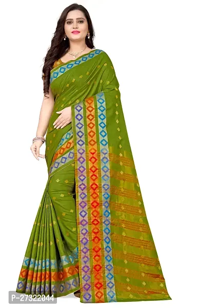 Beautiful Green Cotton Silk Saree With Blouse Piece For Women