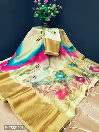 Beautiful Cream Cotton Silk Saree With Blouse Piece For Women