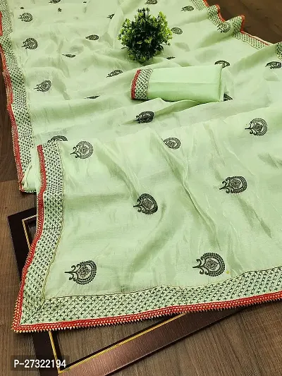 Beautiful Green Organza Saree With Blouse Piece For Women-thumb0