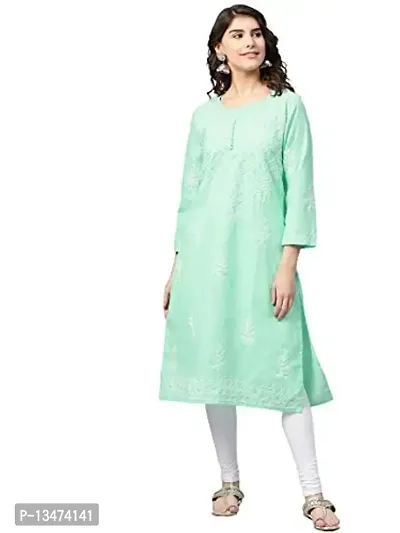 Saadgi Sea Green Chikankari Handwork Cotton Kurta (SIK25SGRN-M)-thumb0