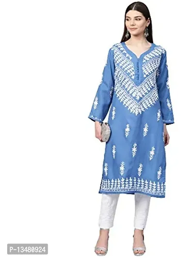 Saadgi Blue Chikankari Handwork Cotton Kurta (SIK25BLU-M)-thumb4