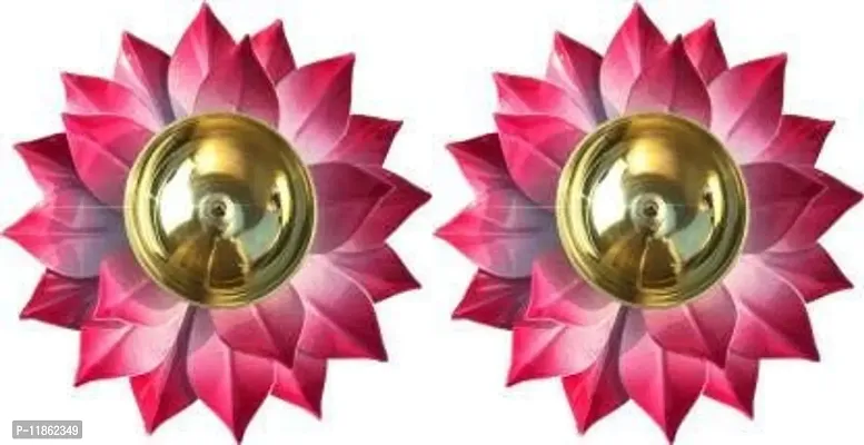 ANVI Decor Brass Lotus Shape Akhand Diya 6"",Pink Color, Puja Deepak/Oil lamp Colorful Kamal Patta Design for Diwali Gifting (Pack of 2) Brass Table Diya (Dimension: 6 inch)-thumb0