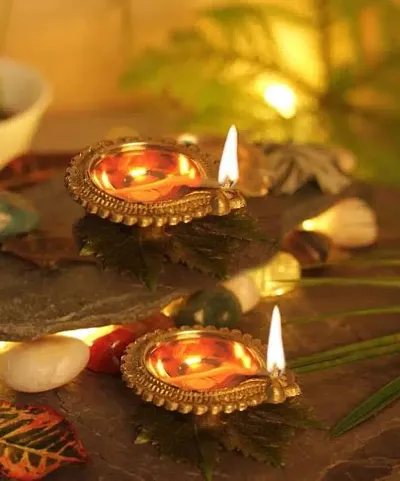 Anvi Decor Solid Gold Brass Diwali Kuber Deepak on Stand Diyas Table Diya, Golden. (Set of 2)