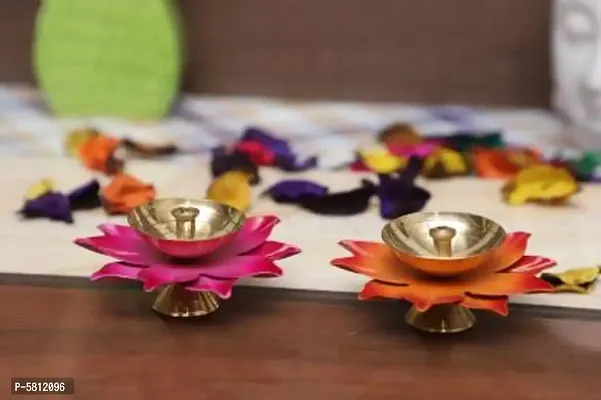 Anvi Decor LOTUS Flower Diya Pack of 2 (Diya Oil Lamp) Diwali Decor Diya, For Pooja Home Deacute;cor Brass (Pack of 2) Table Diya Set  (Height: 3 inch)-thumb0