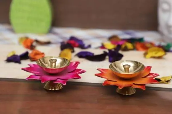 Anvi Decor LOTUS Flower Diya Pack of 2 (Diya Oil Lamp) Diwali Decor Diya, For Pooja Home Deacute;cor Brass (Pack of 2) Table Diya Set  (Height: 3 inch)