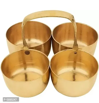 Brass Puja Roli Chawal Elaichi Mishri 4 Bowl Stand Brass (1 Pieces, Gold) Brass , Chokda Brass-thumb0