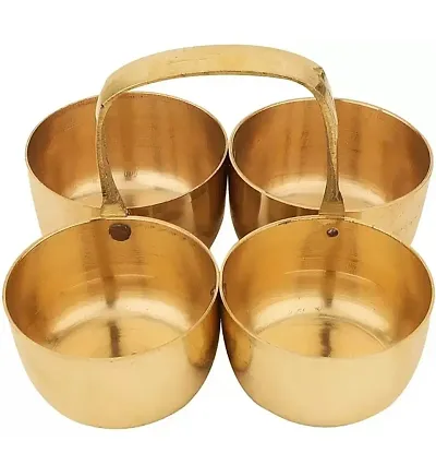 Brass Puja Roli Chawal Elaichi Mishri 4 Bowl Stand Brass (1 Pieces, Gold) Brass , Chokda Brass