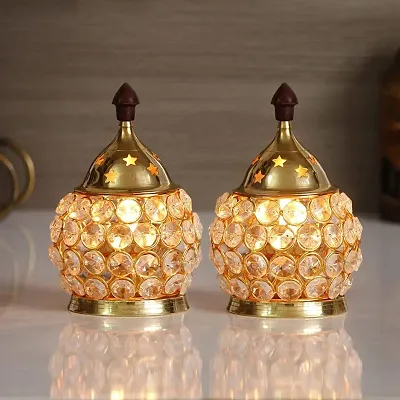 Decor Crystal And Brass Akhand Diya - Set of 2- Gold Polished/ Oil Lamp/ Tea Light Holder
