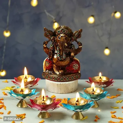 Decor Beautiful Handcrafted Lotus Shape Akhand Diya/ Puja Deepak/ Oil lamp ( Set Of 6 )- With Gift Box Diwali Gifting-thumb0