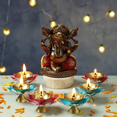 Decor Beautiful Handcrafted Lotus Shape Akhand Diya/ Puja Deepak/ Oil lamp ( Set Of 6 )- With Gift Box Diwali Gifting
