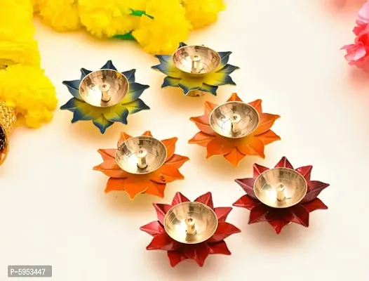 Decor Beautiful Handcrafted Lotus Shape Akhand Diya/ Puja Deepak/ Oil lamp ( Set Of 6 )- With Gift Box Diwali Gifting-thumb5