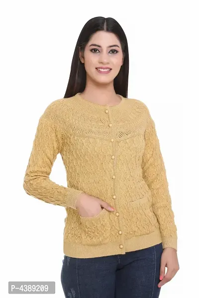 Camel Wool Self Pattern Button Closure Sweater