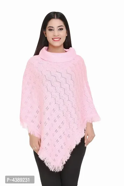 Pink Self Pattern Wool Poncho-thumb0