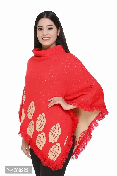 Red Self Pattern Wool Poncho-thumb2