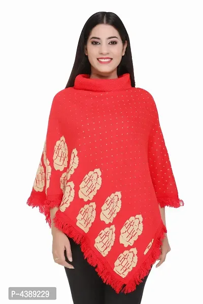 Red Self Pattern Wool Poncho