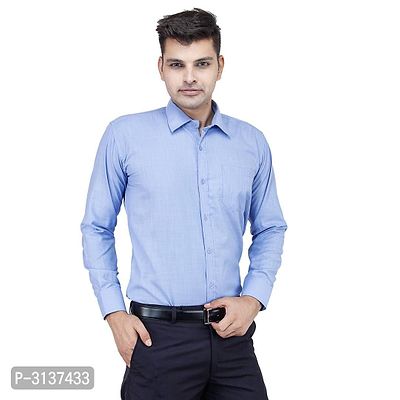 Men's Blue Cotton Long Sleeve Solid Regular Fit Formal Shirt-thumb2