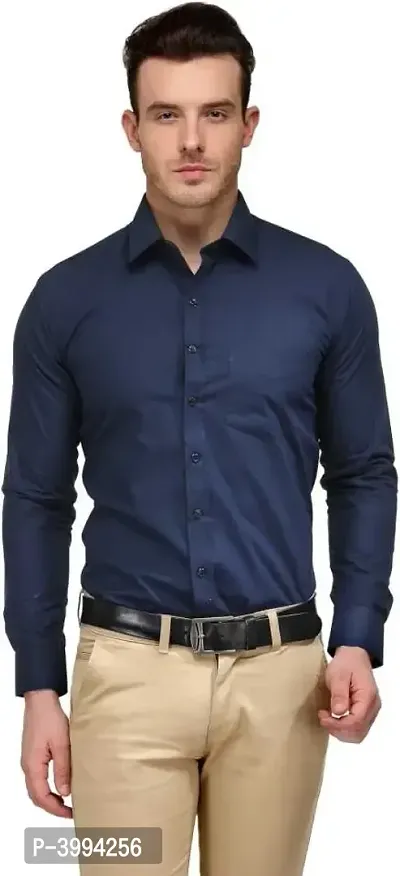 Men's Blue Cotton  Long Sleeve Formal Shirts