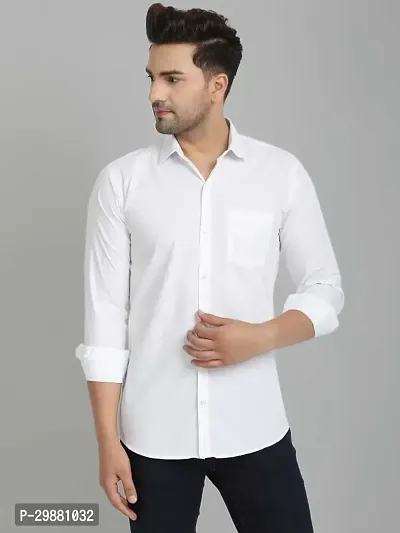 Stylish White Cotton Solid Long Sleeves Shirt For Men-thumb0