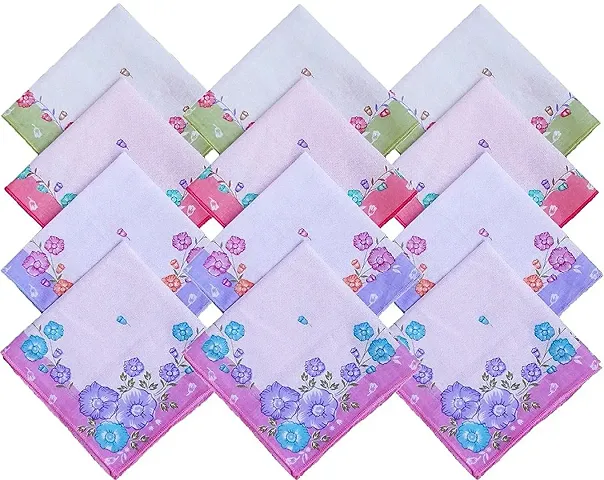 S4S 100 % Women's Soft Floral Handkerchief (30 X 30 cm, Multicolour) - Pack of 12