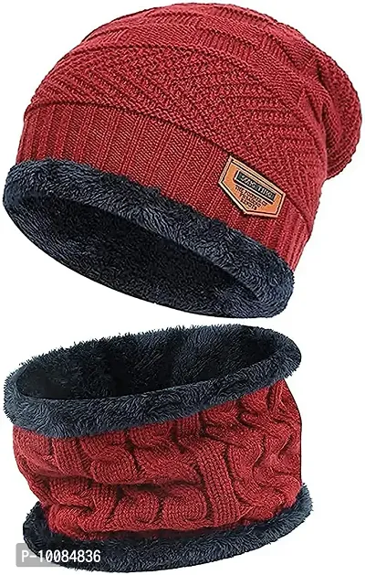 Aenon Fashion Snow Proof Winter Cap for Men Inside Fur Wool Unisex Beanie Cap with Neck Warmer Set Knit Hat Thick Fleece Lined Winter Hat for Men & Women (Pack of 2 Pcs). Black (Orange)-thumb0