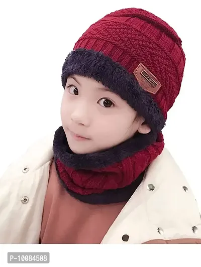Standard 2Pcs Kids Girl's Winter Warm Knitted Cap with Fleece Scarf Set|Neckwarmer|Fleece Lining Cap with Neckwarmer (Red,Freesize)-thumb0