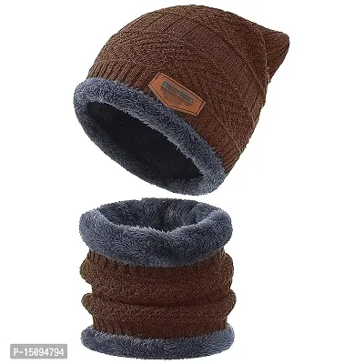 Aenon Fashion Winter Woolen Cap with Neck Scarf for Boys and Girls/Kids Winter Cap Pack of 2 Pcs (Maroon). (Brown)