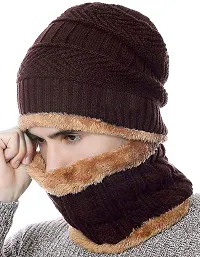 Soft Unisex Woolen Beanie Cap Plus Muffler Scarf,Snow Proof Inside Fur Wool Unisex Beanie Cap with Neck Warmer Set Knit Hat Thick Fleece Lined Winter Cap for Men  Women (Brown)-thumb2