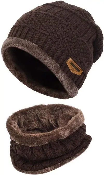 DAVIDSON 2-Pieces Winter Beanie Hat Scarf Set Warm Knit Hat Thick Fleece Lined Winter Hat & Scarf for Men Women (Brown)